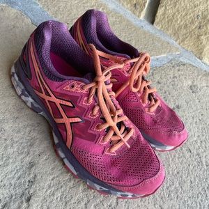 Pink and orange ASICS sneakers